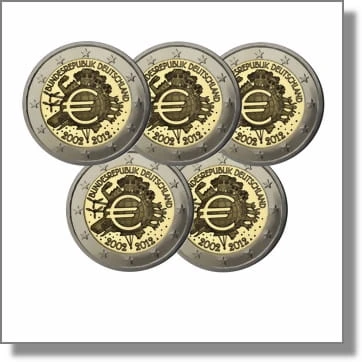 2 euro Niemcy x5 10 lat euro w obiegu 2012 ADFGJ