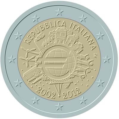 2 € Włochy 10 lat euro w obiegu 2012
