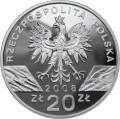 Wizerunek orła ustalony dla godła Rzeczypospolitej Polskiej. Pod orłem oznaczenie roku emisji: 2008, poniżej napis: ZŁ 20 ZŁ. Po bokach łap orła wizerunki flagi państwowej. U góry półkolem napis: RZECZPOSPOLITA POLSKA. Pod lewą łapą orła znak mennicy: MW.