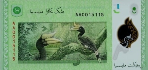 Malezja 5 Ringgit Dzioborożec żałobny 2011 P-52
