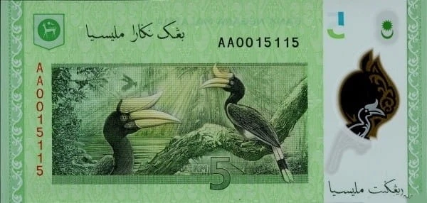 Malezja 5 Ringgit Dzioborożec żałobny 2011 P-52