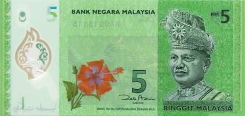 Malezja 5 Ringgit Dzioborożec żałobny 2011 P-52