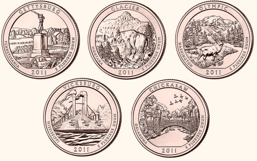 USA 25 c Parki narodowe x5 2011 platerowane złotem