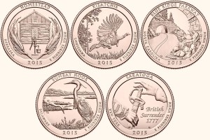 USA 25 c Parki narodowe x5 2015 platerowane złotem