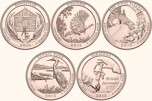 USA 25 c Parki narodowe x5 2014 platerowane złotem