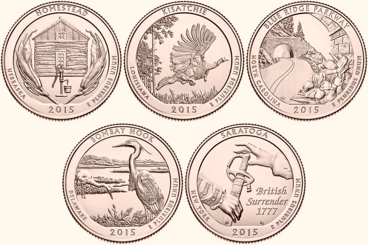 USA 25 c Parki narodowe x5 2014 platerowane złotem