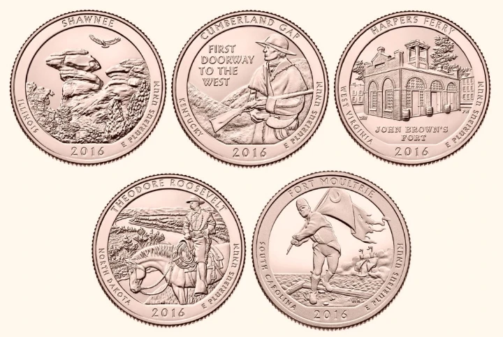 USA 25 c Parki narodowe x5 2016 platerowane złotem