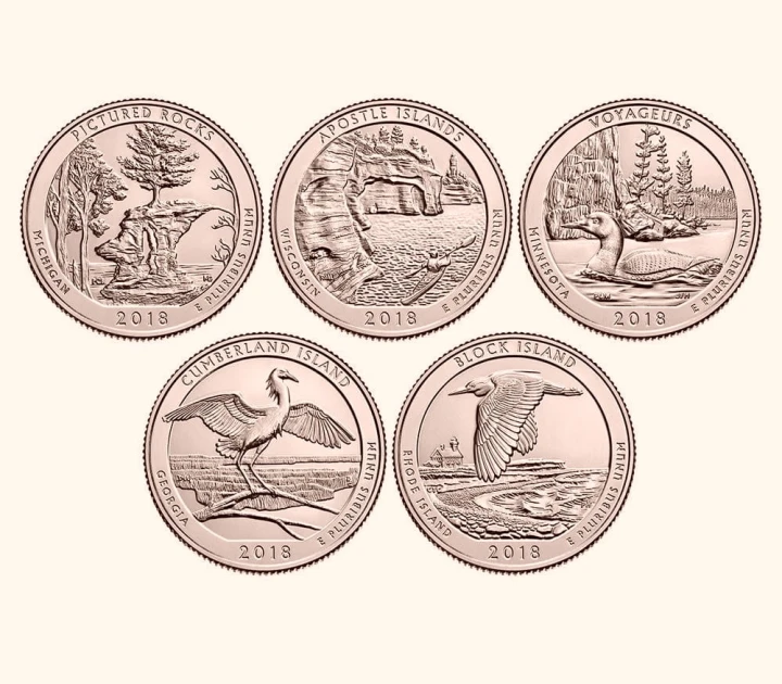 USA 25 c Parki narodowe x5 2018 platerowane złotem