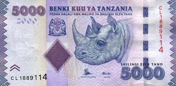 Tanzania 5000 szylingów Nosorożec 2015 P-43b