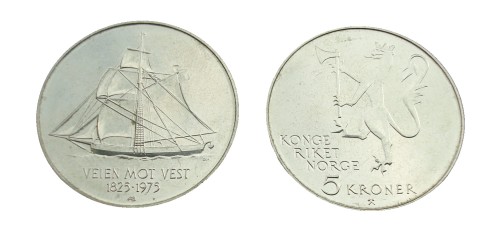 rewers:w centrum monety slup "Restauration" płynie w lewo; poniżej w dwóch wierszach: VEIEN MOT VEST / 1825-1975 (droga na Zachód 1825-1975)