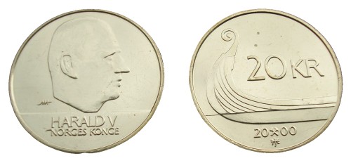 rewers:w polu monety dziób statku Wikingów płynącego w lewo; powyżej łodzi nominał: 20 KR (KRONER); poniżej rok wybicia rozdzielony znakiem mennicy