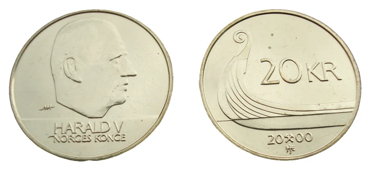 rewers:w polu monety dziób statku Wikingów płynącego w lewo; powyżej łodzi nominał: 20 KR (KRONER); poniżej rok wybicia rozdzielony znakiem mennicy