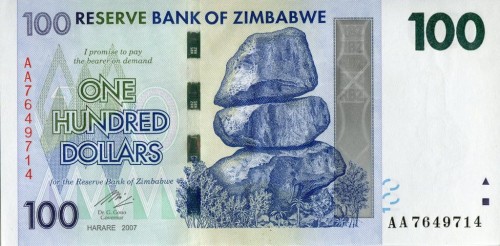 Zimbabwe 100 dolarów Palmy 2007 P-69