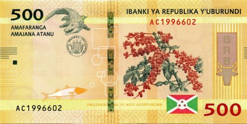 Burundi 500 franków Krokodyl 2018 P-50b