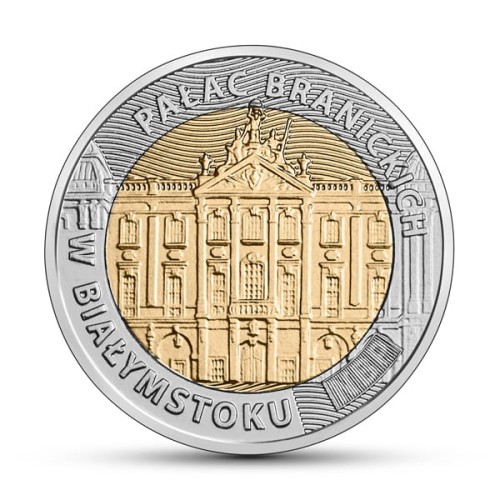 Rewers monety przedstawia wizerunek pałacu Branickich w Białymstoku według zdjęcia autorstwa Rafała Muskały

Projektant: Dobrochna Surajewska