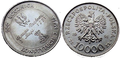 10000 zł 200 lat Konstytucji 3-go Maja 1991