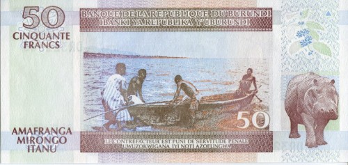Burundi 50 franków Hipopotam/ Łódka 2006 P-36f