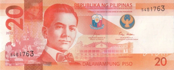 Filipiny 20 piso Łaskun palmowy 2022 P-230a.1