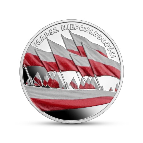 Wizerunki flag oraz w dolnej części wizerunek wstęgi o barwach Rzeczypospolitej Polskiej, u góry półkolem napis: MARSZ NIEPODLEGŁOŚCI.