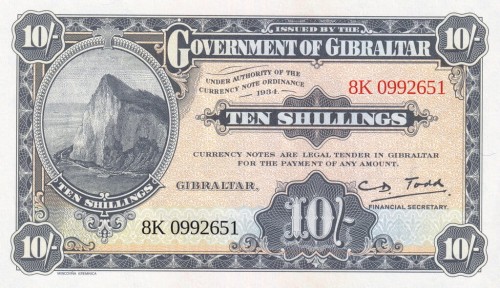 1934 replika banknotu
Wyemitowany jako legalny środek płatniczy w Gibraltarze
o wartości 50 pensów w roku 2018