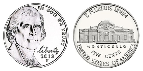 USA 5 c Jefferson Nickel Monticello 2013 P