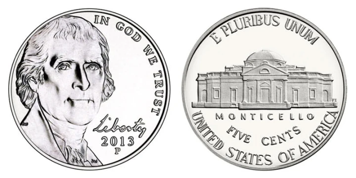USA 5 c Jefferson Nickel Monticello 2013 P