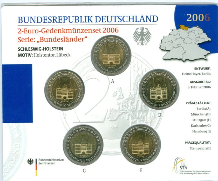2 € Niemcy x5 Szlezwik Holsztyn2006 ADFGJ oficjalny unc