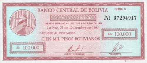 Boliwia 500 000 bolivanos Czek obiegowy 1984 P-188a
