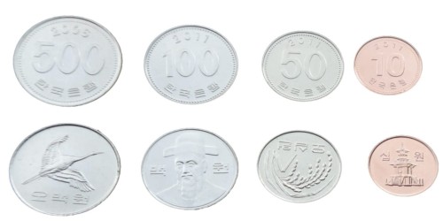 10 wonów, 50 wonów, 100 wonów, 500 wonów