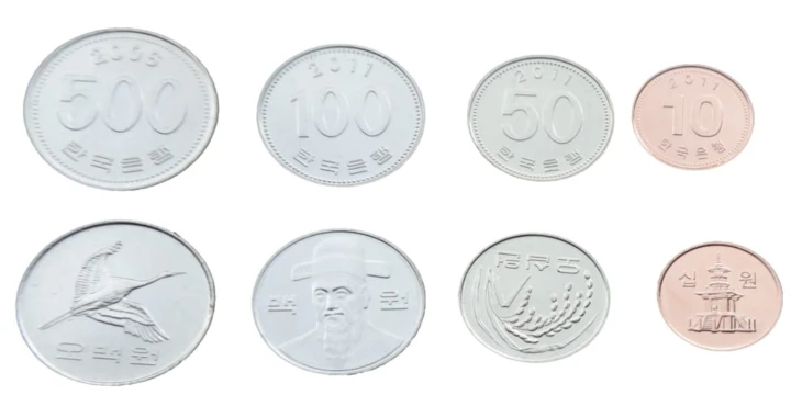 10 wonów, 50 wonów, 100 wonów, 500 wonów