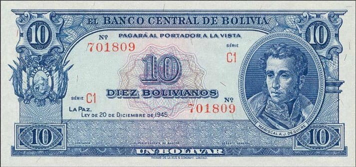 Boliwia 10 bolivanos Cerro Rico 1945 P-139
