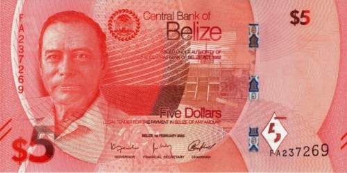 Belize 5 dolarów Parlament 2025 P-74a