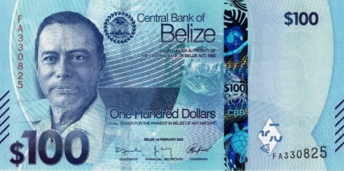 Belize 100 dolarów żółw 2025 P-78
