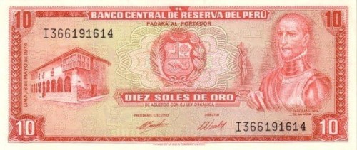 Peru 10 soles Tititaka żaglówki 1974 P-100c.3