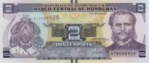 Honduras 2 lempira Marco Aurelio Soto 2022 P-97e
