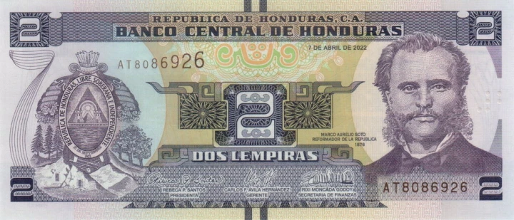 Honduras 2 lempira Marco Aurelio Soto 2022 P-97e