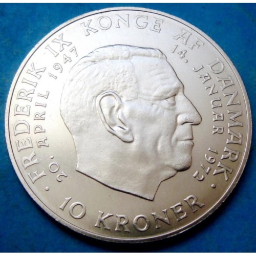 Dania 10 koron Śmierć Fryderyka IX 20.4g Ag.800 1972