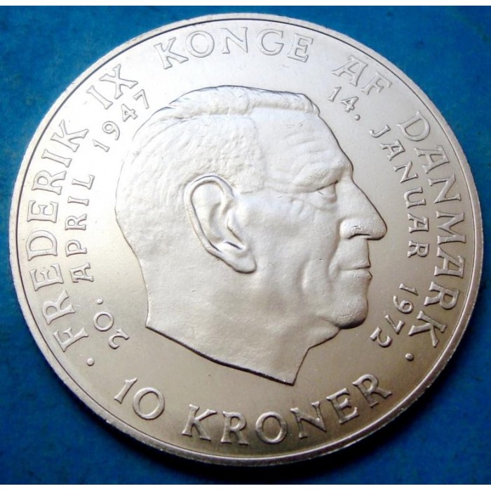 Dania 10 koron Śmierć Fryderyka IX 20.4g Ag.800 1972