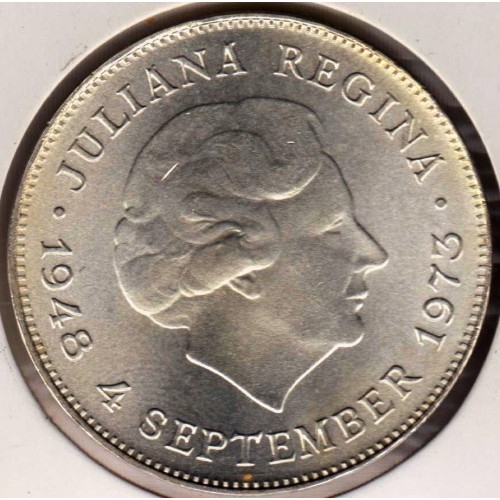 Holandia 10 guldenów 25 lat panowania królowej 25g Ag.720 1973