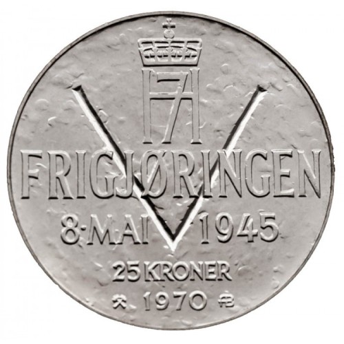 Norwegia 25 koron 25 rocznica wyzwolenia 29g Ag.875 1970