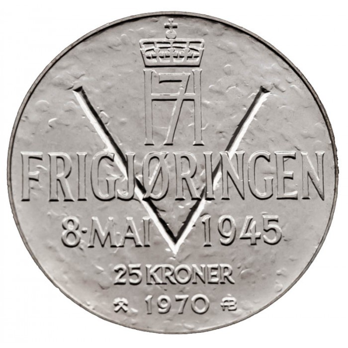 Norwegia 25 koron 25 rocznica wyzwolenia 29g Ag.875 1970