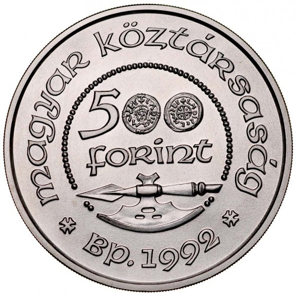 Węgry 500 forintów Władysław I Węgierski 28g Ag.900 1992