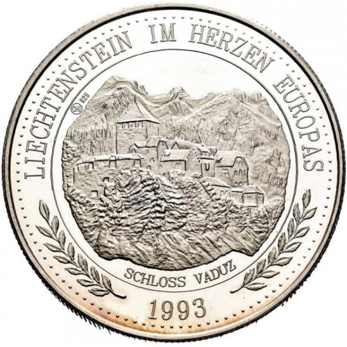 Liechtenstein 20 ECU Zamek Vaduz, Kolorowana 62.2g Ag.925 1993