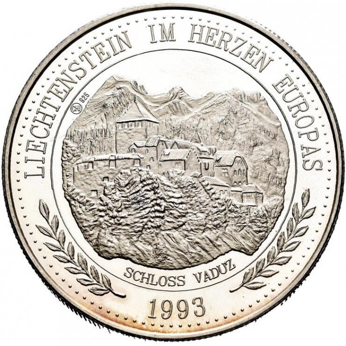 Liechtenstein 20 ECU Zamek Vaduz, Kolorowana 62.2g Ag.925 1993