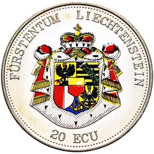 Liechtenstein 20 ECU Zamek Vaduz, Kolorowana 62.2g Ag.925 1993