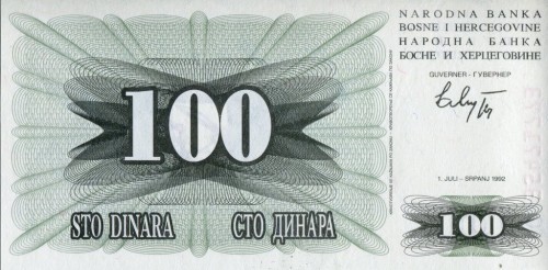 Bośnia 100 Dinarów Herb 1992 P-13a