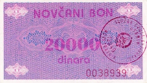 Bośnia i Hercegowina 20 000 dinarów Bon Travnik 1992 P-52A