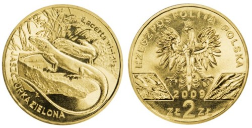 2 zł Jaszczurka zielona (łac. Lacerta viridis) 2009