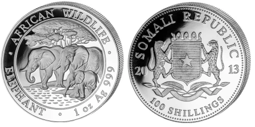 Somalia 100 sch Słonie 1 OZ Ag.999 2013