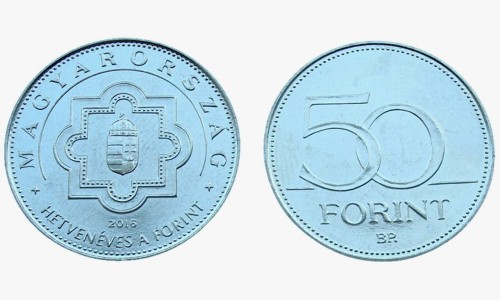 Węgry 50 forintów 70 lat waluty 2016.jpg
